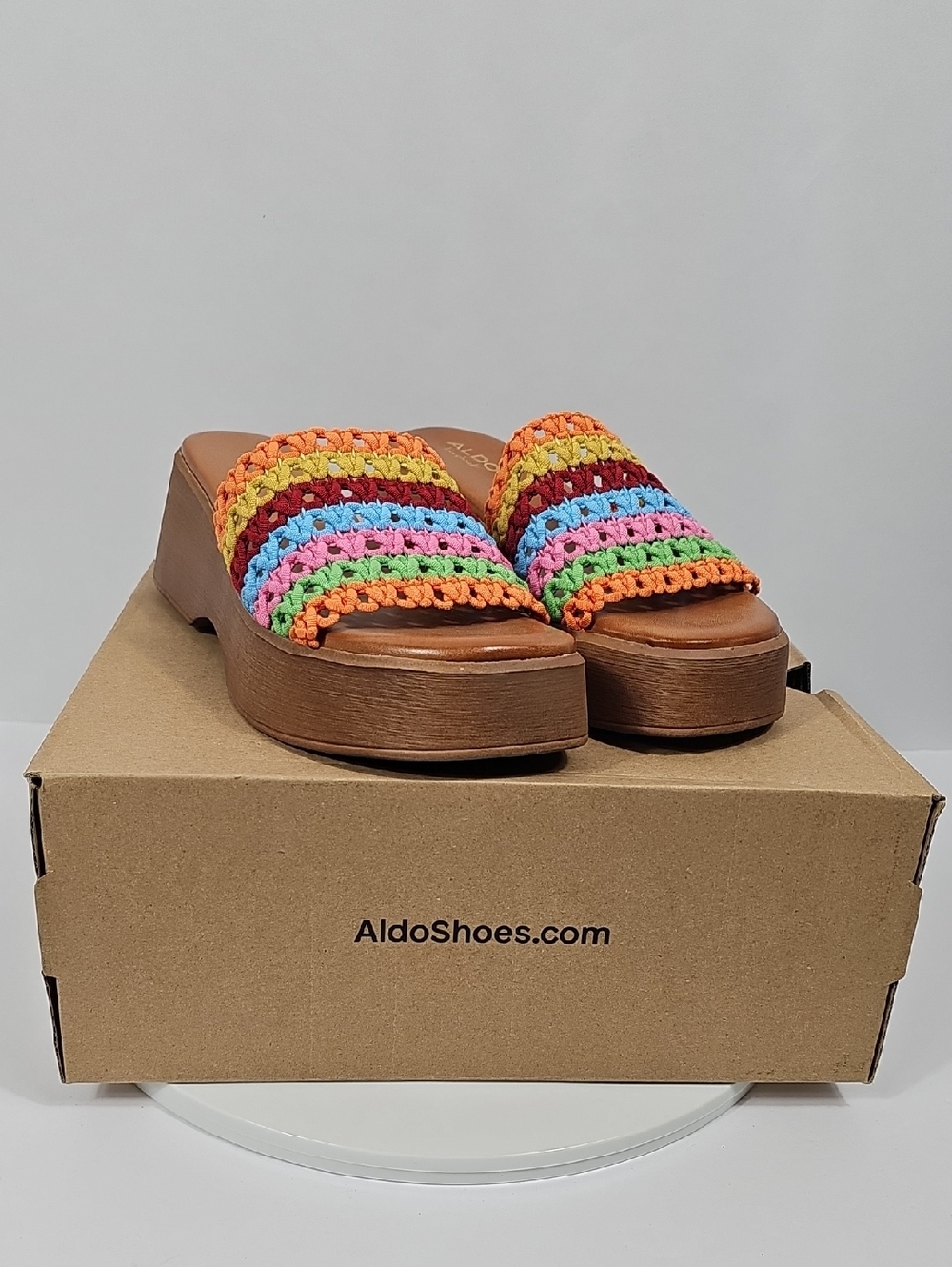 NIB Aldo Yassu Rainbow Crochet Platform Slide Sandals Crochet Multicolor Brown 7 - Picture 3 of 13